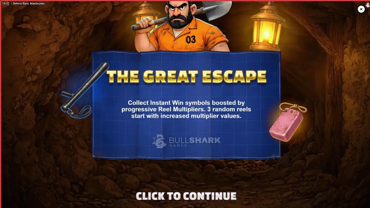Tela de jogo do slot Behind Bars Masterplan com tema de prisão