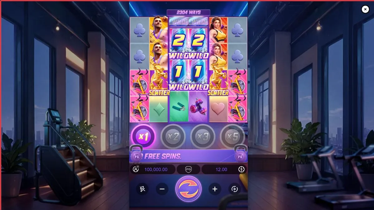 Interface vibrante do slot Mighty Mania com tema de academia e neon